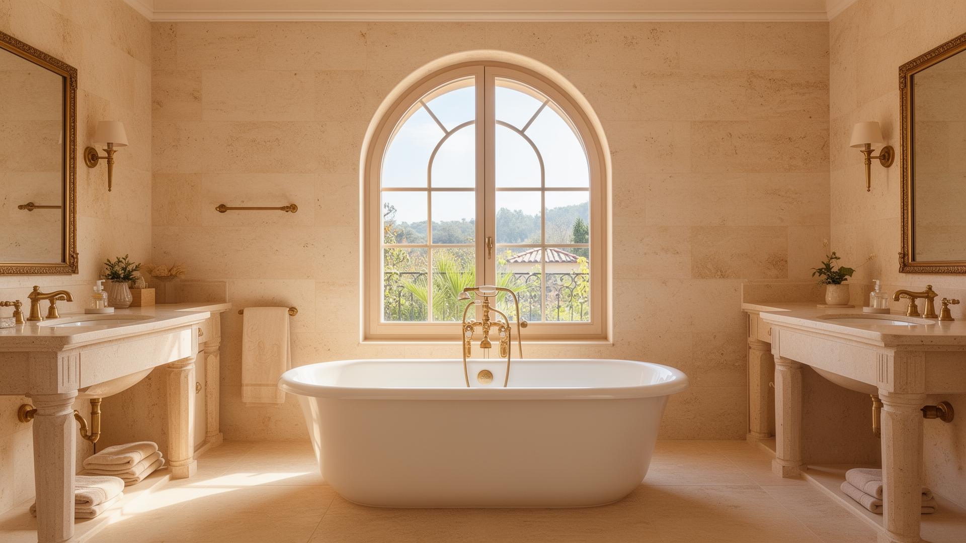 Salle de bain méditerranéenne au Cap-Ferret avec baignoire îlot et pierre claire