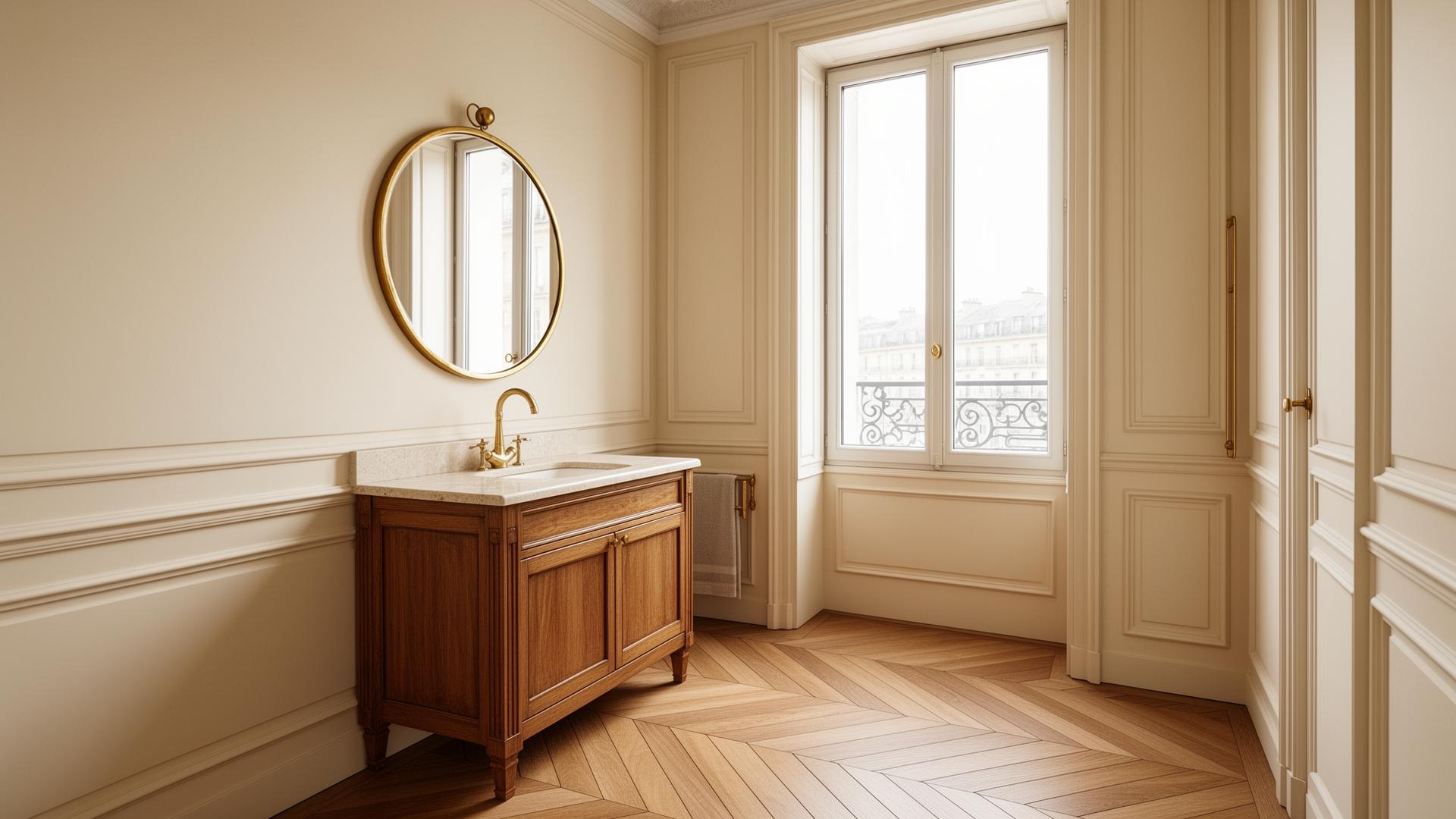 Rénovation salle de bain de caractère à Saint-Émilion avec parquet chevron et meuble chêne massif